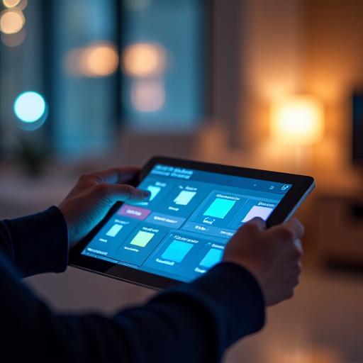 A person using a tablet to control room lighting.